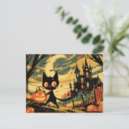 Schwarze Katze mit Kürbiskübel neben dem Schloss Feiertagspostkarte