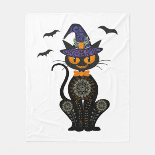Schwarze Katze mit Kürbislaterne Halloween-Shirt Fleecedecke