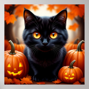 Schwarze Katze mit Kürbissen zur Herbstdekoration Poster