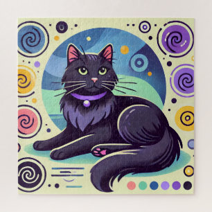 Schwarze Katze mit leuchtend farbigem Hintergrund Puzzle