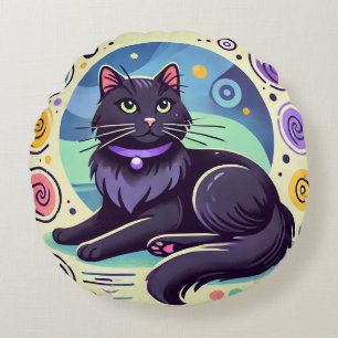 Schwarze Katze mit leuchtend farbigem Hintergrund Rundes Kissen