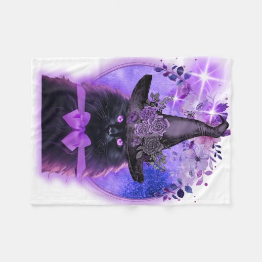 Schwarze Katze mit lila Aura Fleecedecke (Vorderseite (Horizontal))