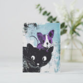 Schwarze Katze mit Lila Maus auf Kopf Postkarte (Stehend Vorderseite)