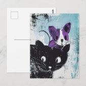 Schwarze Katze mit Lila Maus auf Kopf Postkarte (Vorne/Hinten)