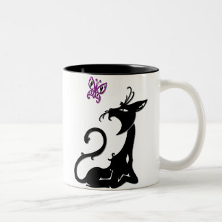 Schwarze Katze mit Lila Schmetterlingskatze Tasse