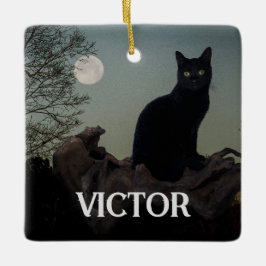 Schwarze Katze mit Mond auf Baumgrenze Keramikornament