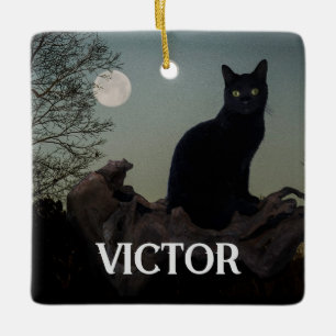 Schwarze Katze mit Mond auf Baumgrenze Keramikornament