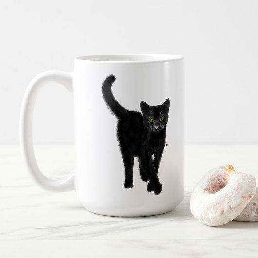 Schwarze Katze mit Niedlichem Zitat aus grünen Aug Kaffeetasse (Mit Donut)