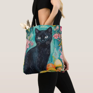 Schwarze Katze mit Obst Tasche