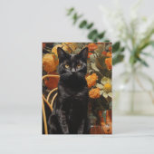 Schwarze Katze mit orangefarbenen Blume Postkarte (Stehend Vorderseite)