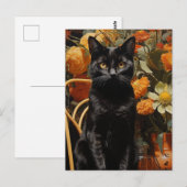 Schwarze Katze mit orangefarbenen Blume Postkarte (Vorne/Hinten)