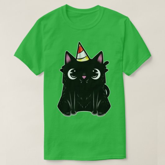Schwarze Katze mit Party-Hut am Pursday T-Shirt (Design vorne)