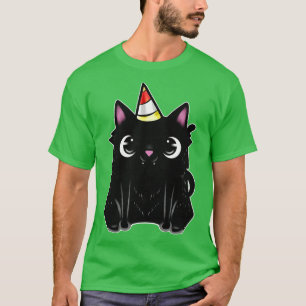 Schwarze Katze mit Party-Hut am Pursday T-Shirt