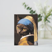 Schwarze Katze mit Perlenohrring Postkarte (Stehend Vorderseite)