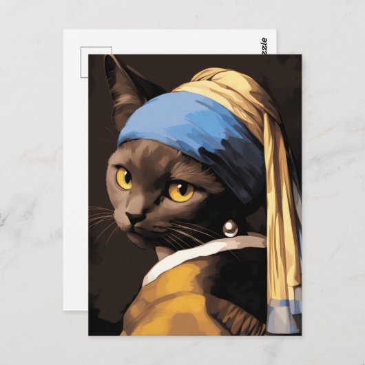 Schwarze Katze mit Perlenohrring Postkarte (Vorne/Hinten)