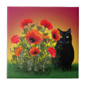 Schwarze Katze mit Pflaumen Fliese (Vorderseite)