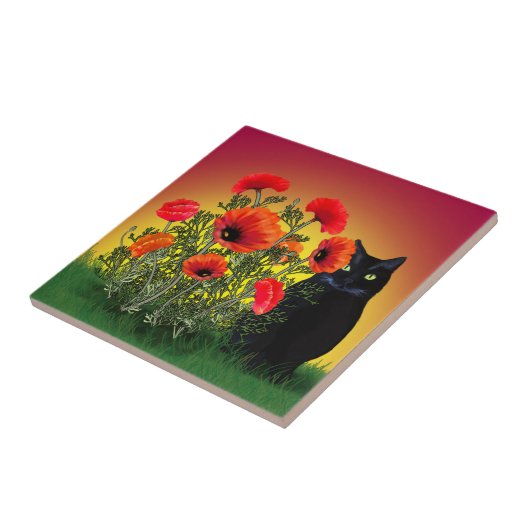 Schwarze Katze mit Pflaumen Fliese (Seite)