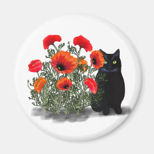 Schwarze Katze mit Poppies Magnet