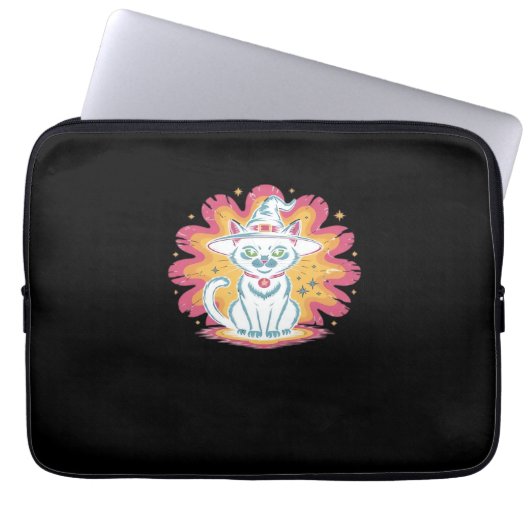 Schwarze Katze mit psychedelischer Blume Oversized Laptopschutzhülle (Vorderseite)