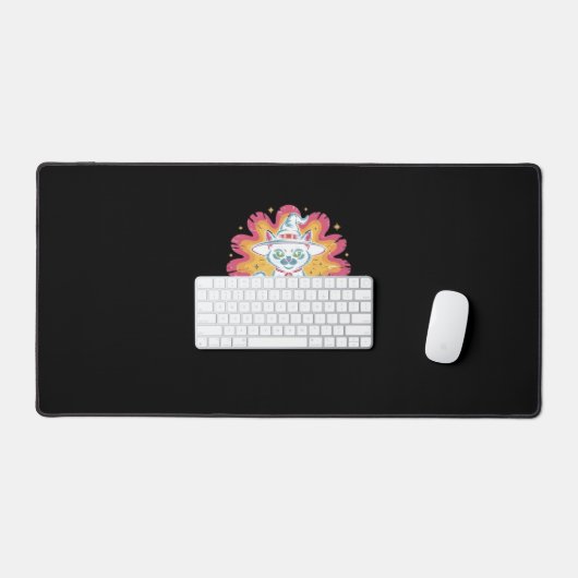 Schwarze Katze mit psychedelischer Blume Oversized Schreibtischunterlage (Tastatur & Maus)