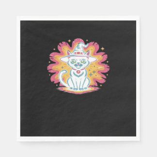 Schwarze Katze mit psychedelischer Blume Oversized Serviette