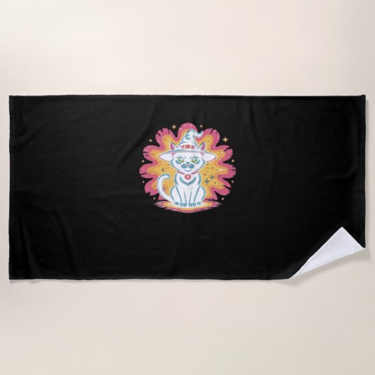 Schwarze Katze mit psychedelischer Blume Oversized Strandtuch (Vorderseite)
