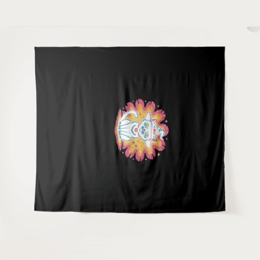 Schwarze Katze mit psychedelischer Blume Oversized Wandteppich (Vorderseite (Horizontal))