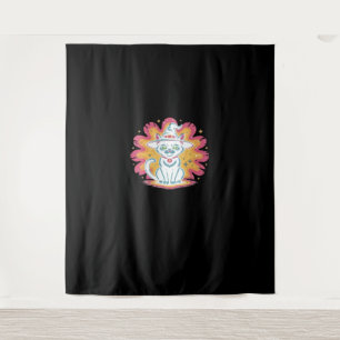 Schwarze Katze mit psychedelischer Blume Oversized Wandteppich