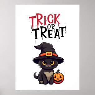 Schwarze Katze mit Pumpkin Jack Lantern Trick oder Poster
