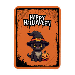 Schwarze Katze mit Pumpkin-Kürbislaterne Halloween Magnet