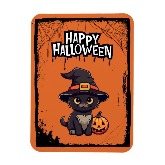Schwarze Katze mit Pumpkin-Kürbislaterne Halloween Magnet (Vertikal)