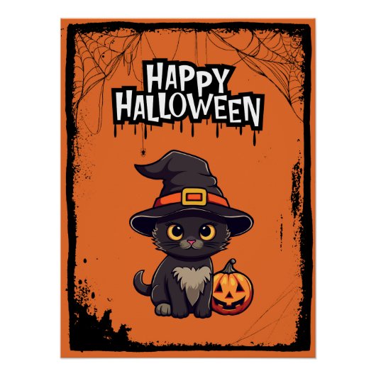 Schwarze Katze mit Pumpkin-Kürbislaterne Halloween Poster (Vorderseite)