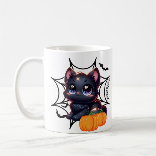 Schwarze Katze mit Pumpkins und Spinnennetze Tasse (Links)
