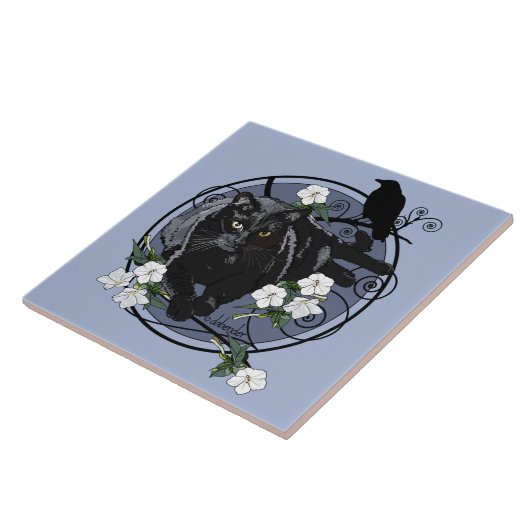 Schwarze Katze mit Raben Fliese (Seite)