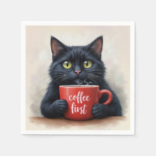 Schwarze Katze mit Red Coffee Tasse Serviette (Vorderseite)
