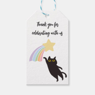 Schwarze Katze mit Regenbogen-Dankeschön-Anhänger Geschenkanhänger