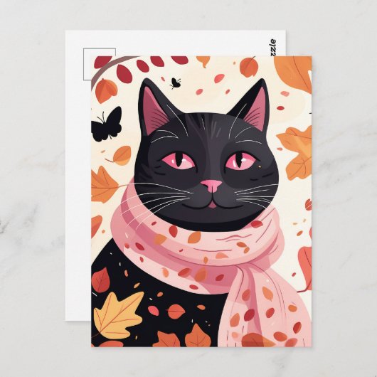 Schwarze Katze mit rosa Augen, die einen Schal trä Postkarte (Vorne/Hinten)