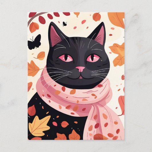 Schwarze Katze mit rosa Augen, die einen Schal trä Postkarte (Vorderseite)