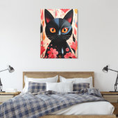 Schwarze Katze mit rosa Blume Leinwanddruck (Insitu (Schlafzimmer))