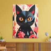 Schwarze Katze mit rosa Blume Leinwanddruck (Insitu (Wohnzimmer))