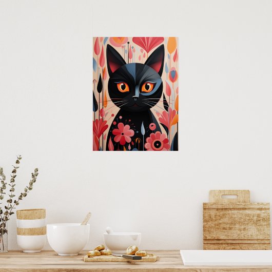 Schwarze Katze mit rosa Blume Poster (Küche)