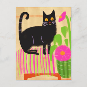 Schwarze Katze mit rosa Blume Postkarte
