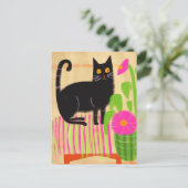Schwarze Katze mit rosa Blume Postkarte (Stehend Vorderseite)