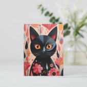 Schwarze Katze mit rosa Blume Postkarte (Stehend Vorderseite)