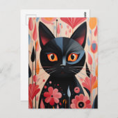 Schwarze Katze mit rosa Blume Postkarte (Vorne/Hinten)