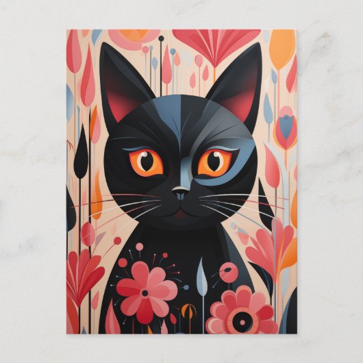 Schwarze Katze mit rosa Blume Postkarte (Vorderseite)