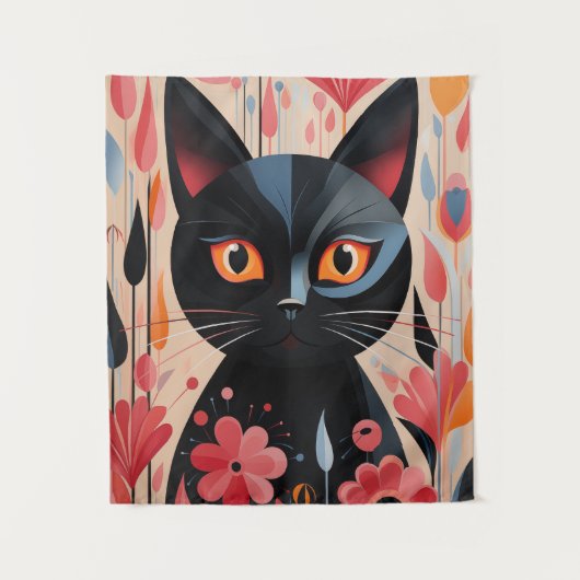 Schwarze Katze mit rosa Blume Wandteppich (Vorderseite)