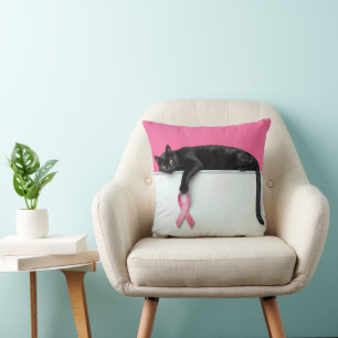 Schwarze Katze mit rosa Brustkrebs-Bewusstseins-Sc Kissen