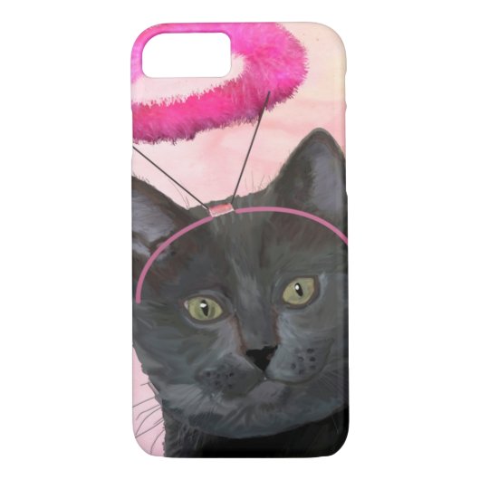 Schwarze Katze mit rosa Engel Halo Case-Mate iPhone Hülle (Rückseite)