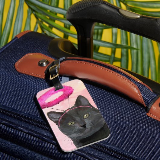 Schwarze Katze mit rosa Engel Halo Gepäckanhänger (Vorderseite Insitu 1)